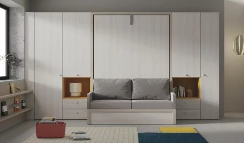 Original bedroom with our 150 vertical wall-bed with sofa and a large wardrobe