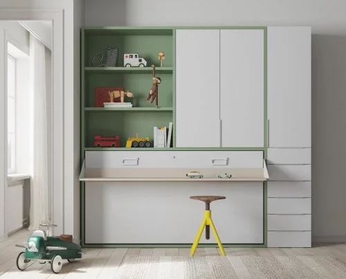 Junior room with a horizontal wall-bed and wardrobe in our Notebook color combination