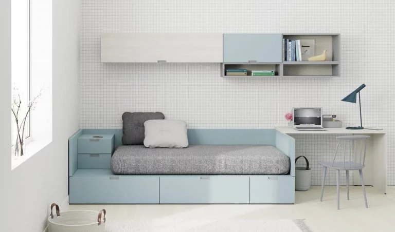 Dormitorio juvenil con cama nido con mesita incorporada de la colección NEST