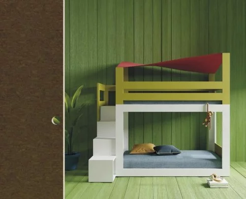Bunk-bed with canopy and steps that are also shelves