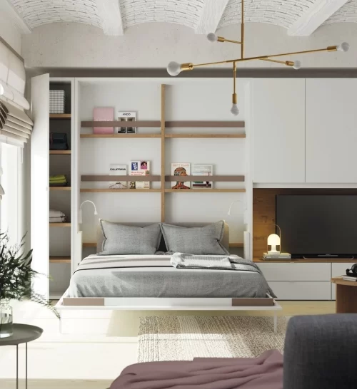 Opened vertical wall-bed in this modern room