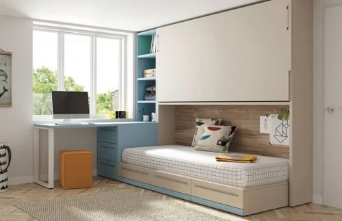 High wall-bed with a pull-out bed underneath