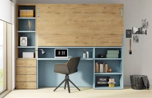 High wall-bed with underneath space to allow you to have a study desk