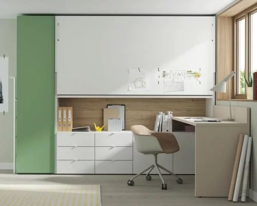 High wall-bed with drawers and study desk