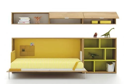Horizontal wall-bed complemented with shelving units