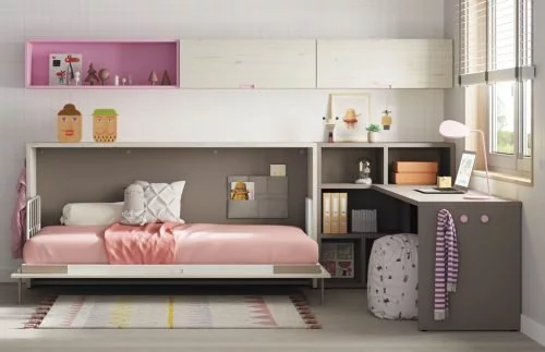 Horizontal wall-bed with shelves and study desk