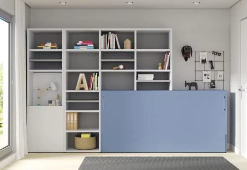 Horizontal wall-bed with shelves and foldable table