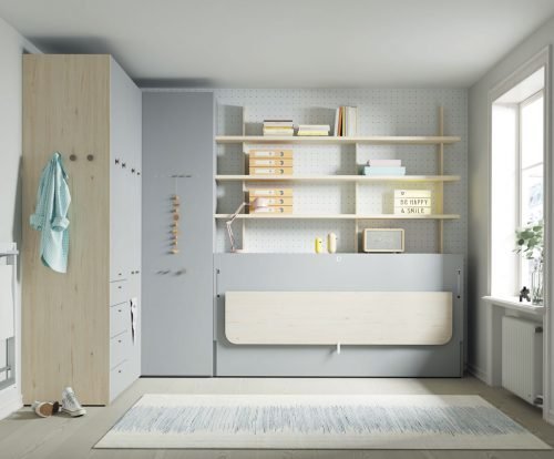 Junior room with a horizontal wall-bed and the foldable Flap table