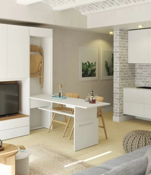 Foldable table ROLL, which is extended to use as a dining table