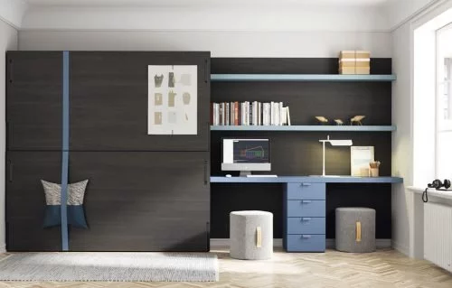 Junior wall bunk-bed with shelving and study desk