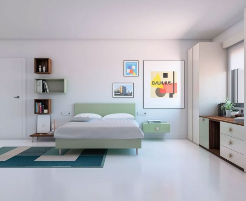 Composition 2 including GOA bed, hanging cubos, hanging bedside table and free configuration module with drawers and top in Matcha, Valentina and Ivory