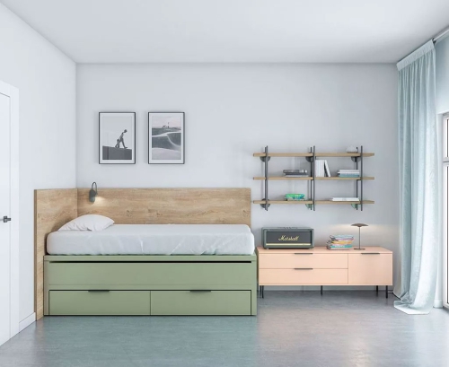 Composition 6 including trundle bed with drawers, DOT LINE shelving and 3 drawer free combination module in Matcha, Maya and Nude
