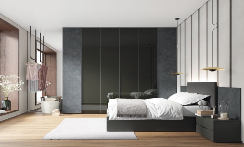 Bedroom with upholstered headboard and wardrobe that combines glass doors and Stone finish