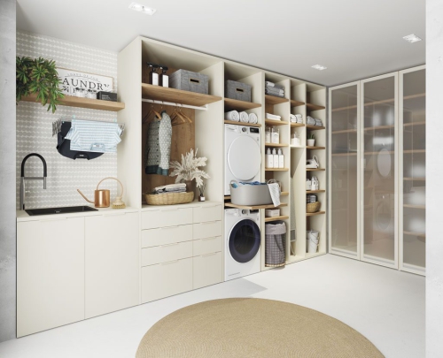 Laundry room with drawers, shelves and storage units