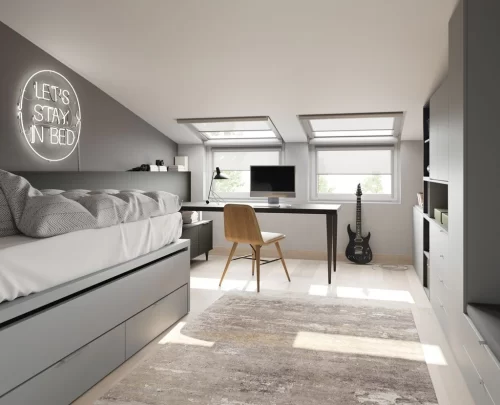 Youth bedroom with compact bed and study table