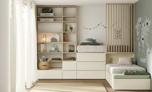 Youth bedroom with a loft bed, trundle bed, and large storage unit