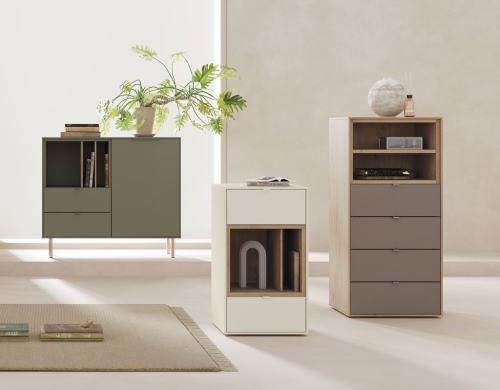 Freestanding auxiliary modules with open storage and drawers