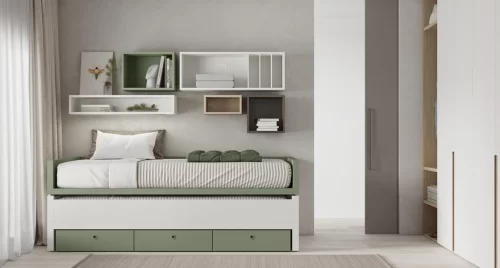 Double bed with three drawers in Matcha and Blanco finish