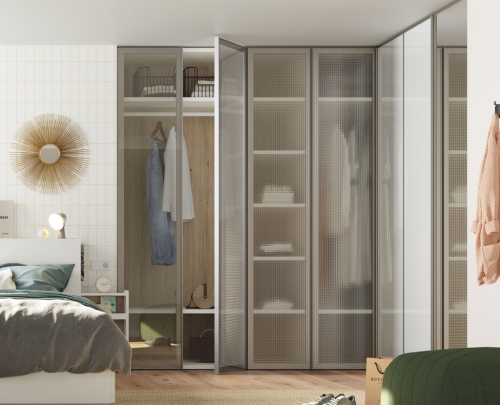 Detail of the corner wardrobe with glass doors