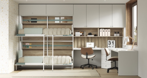 Bedroom with 2 horizontal fold-down beds and a double desk