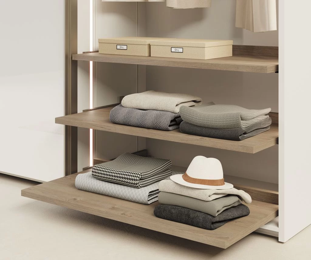 Detalle de las baldas extraibles de los interiores del armario