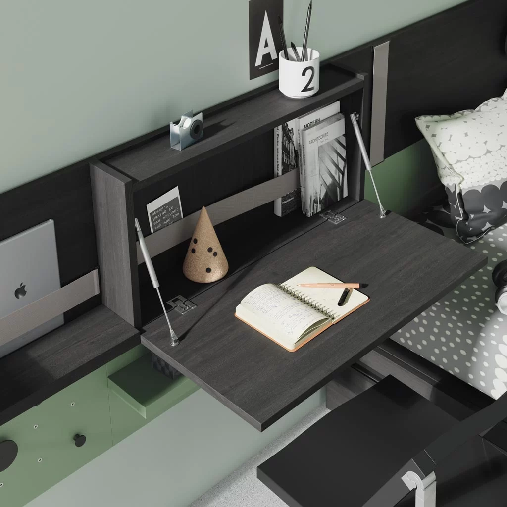 Amplias posibilidades de combinación en Sistema Flat La puerta de este secreter hace de mesa estudio cuando está abierta