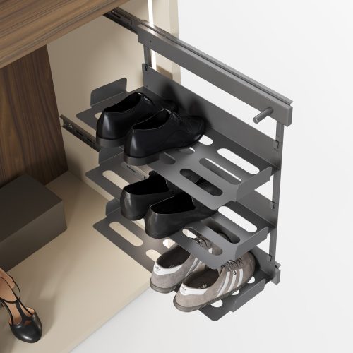 Detail of the pull-out side shoe rack for wardrobe interiors