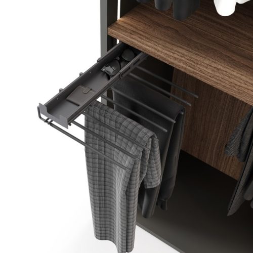 Pull-out trouser rack for upper placement with flip-up tray