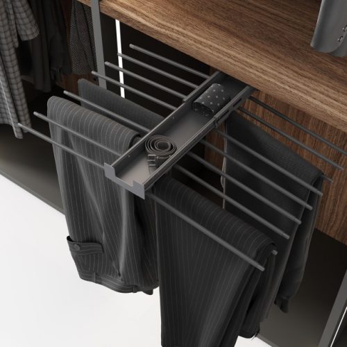 Pull-out trouser rack for upper placement with flip-up tray for 18 pairs of trousers