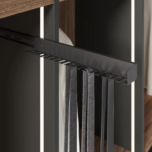Detail of the pull-out tie rack from the Elegance Line series for wardrobe interiors