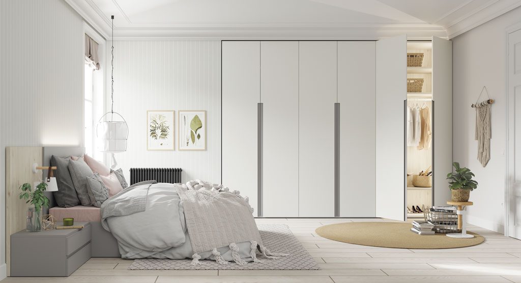 White wardrobe with six hinged doors with recessed Craft model handle