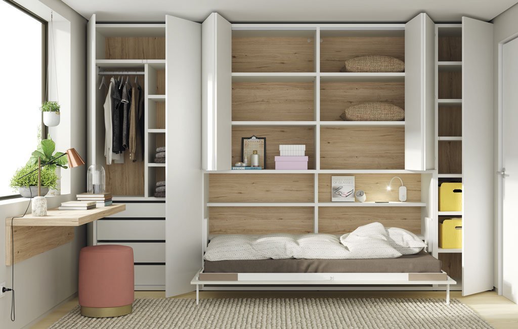 Fold-down bed and open wardrobes to see the interiors