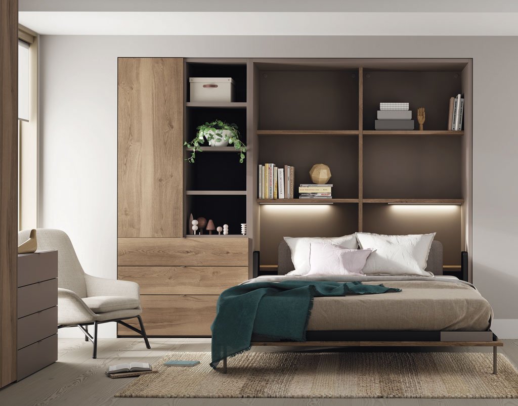 Vertical double fold-down bed integrated with the rest of the modules