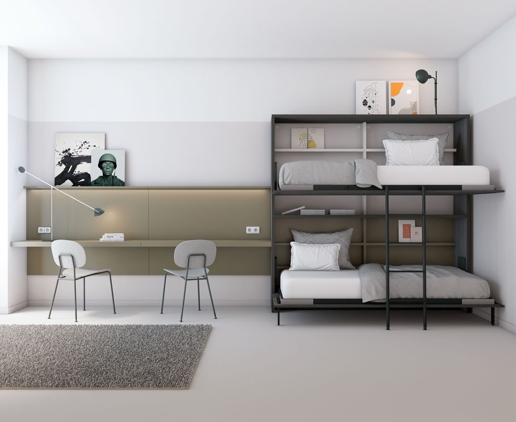 Open fold-down beds in the youth bedroom Open fold-down beds in the youth bedroom