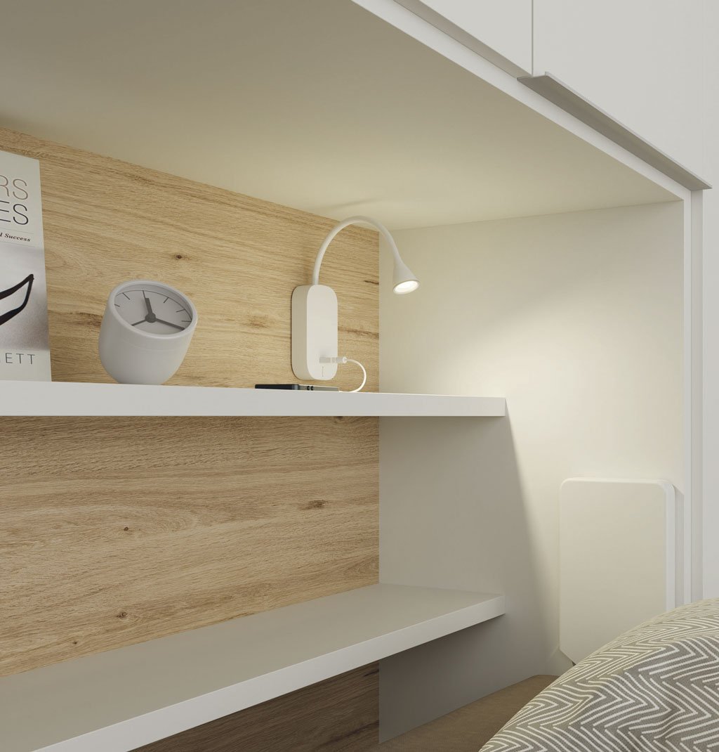 Detail of the articulated LED light inside the fold-down bed