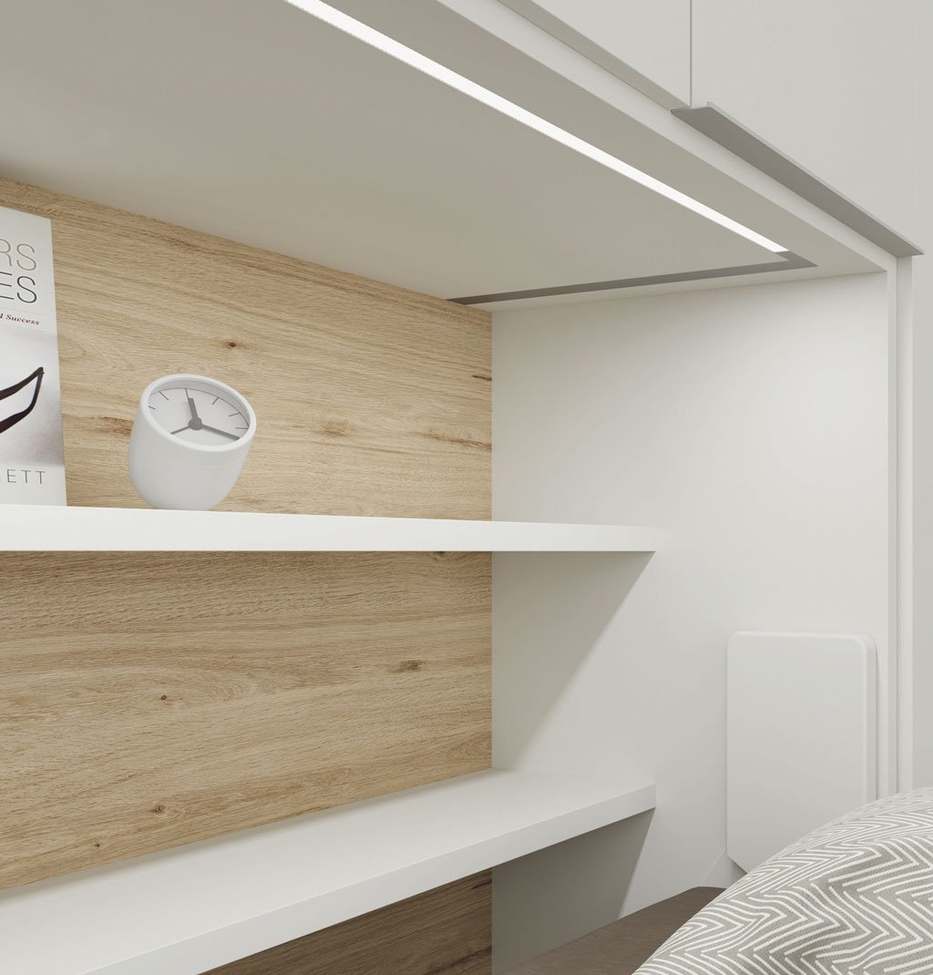 Detail of the LED light integrated into the fold-down bed frame