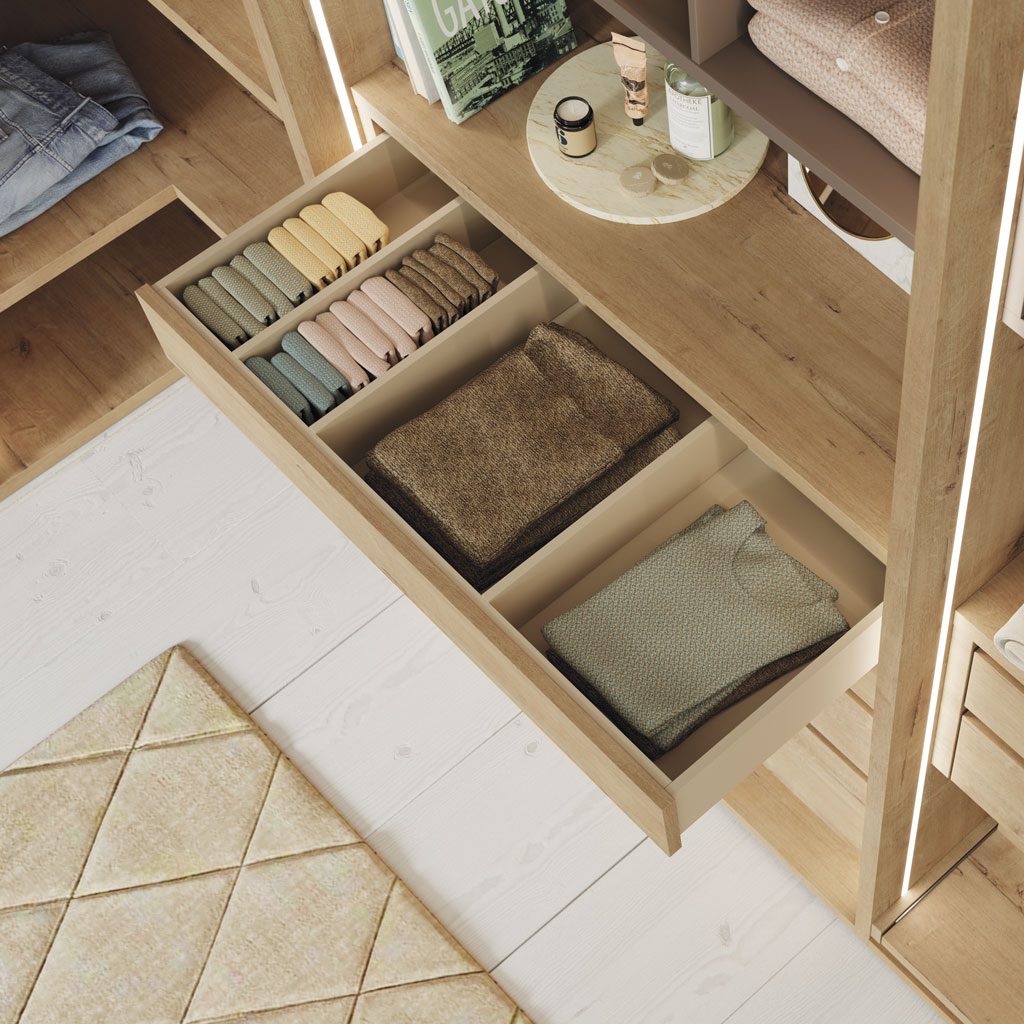 Detail of the interior dividers of the wardrobe drawers Detail of the interior dividers of the wardrobe drawers
