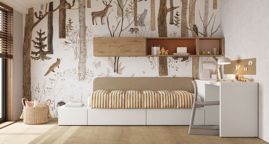 Youth bedroom with modular bed, upholstered headboard and desk Youth bedroom with modular bed, upholstered headboard and desk