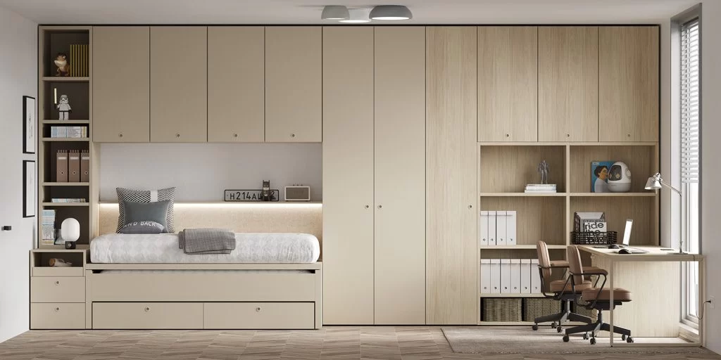 Youth bedroom with trundle bed, overhead storage and study area