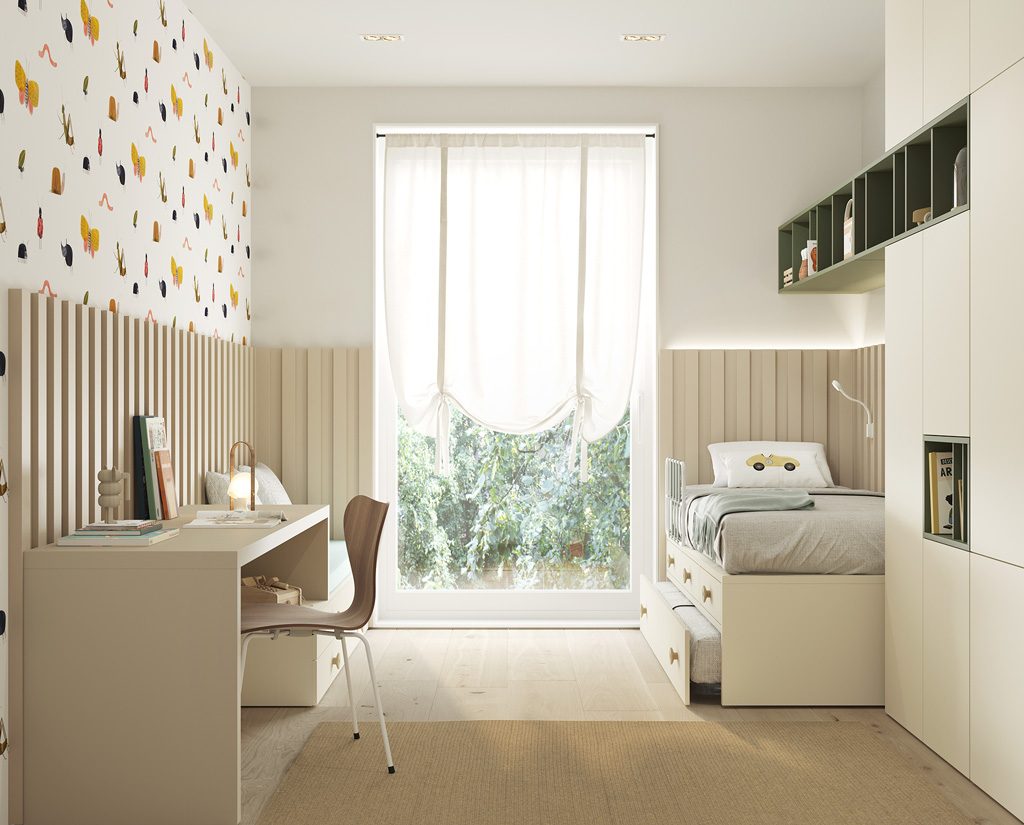 Bedroom with double bed in Ivory, Arena and Khaki finish