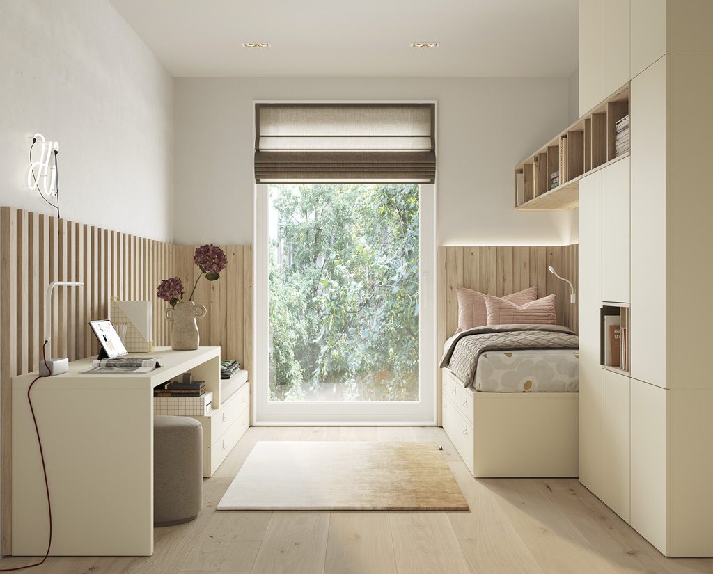 Bedroom with double bed in Nordic and Ivory finish