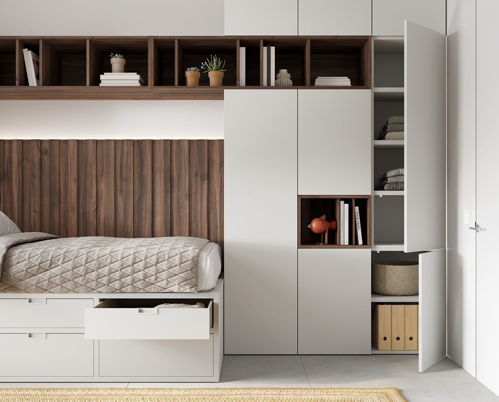 Detail of the bookshelf and wardrobe