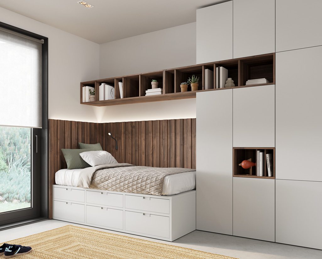 Detail of the compact bedroom and Strip panel