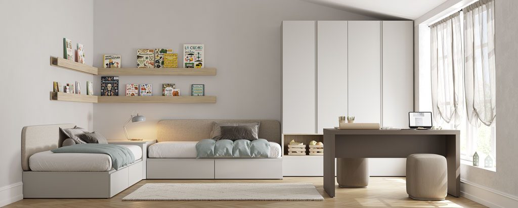 Youth bedroom for two in gray tone with desk and wardrobe