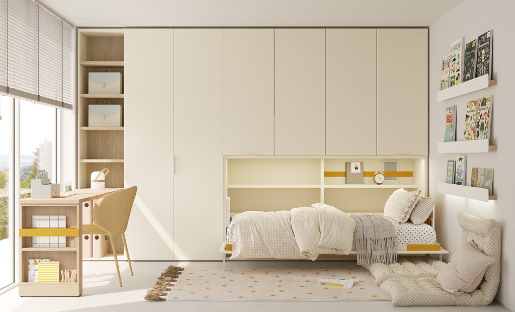 Fold-down bed integrated into the wardrobe, all-in-one youth bedroom