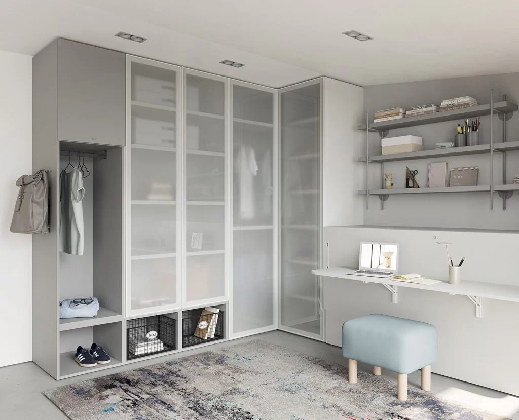 Youth bedroom with wardrobe with translucent glass doors Youth bedroom with wardrobe with translucent glass doors