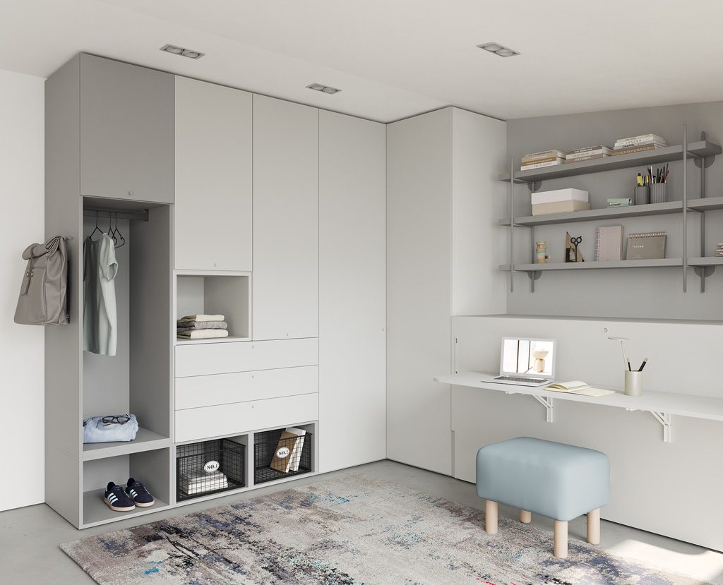 Youth bedroom with wardrobe with smooth doors