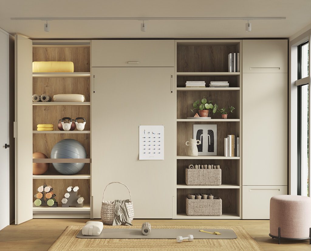 Very versatile youth bedroom with horizontal fold-down bed and folding desk Very versatile youth bedroom with horizontal fold-down bed and folding desk