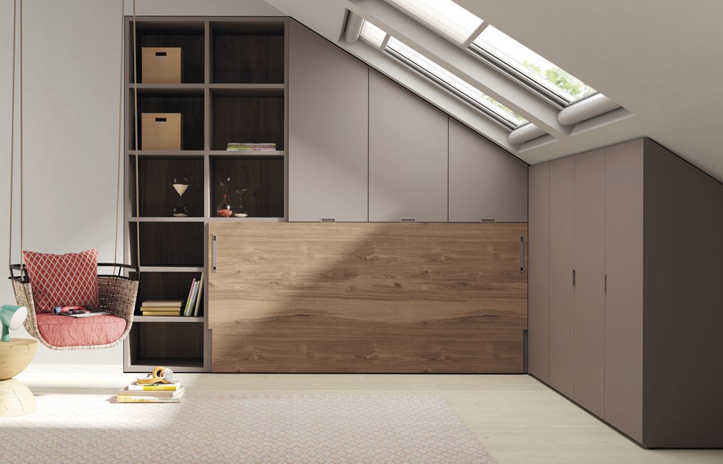 Attic room with a horizontal fold-down bed