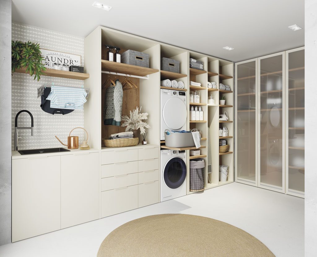 Laundry room with drawer modules, shelves and wardrobes